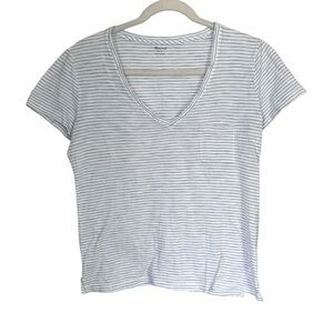Madewell Women's Sz S White Blue Striped V-Neck Short Sleeve Pullover Semi sheer